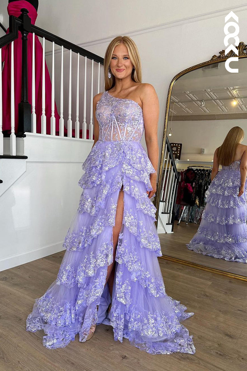 L2388 - Elegant One shoulder Sleeveless Applique Slit Formal Prom Dress