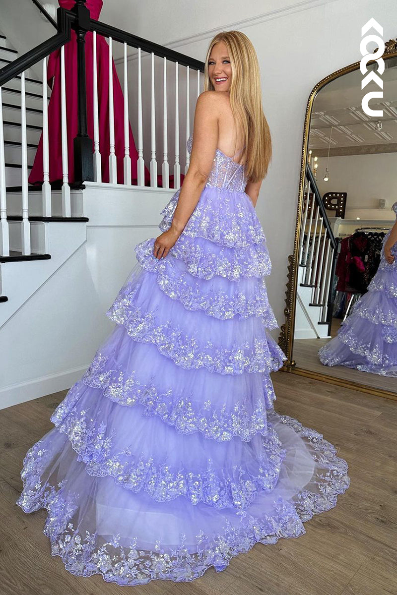 L2388 - Elegant One shoulder Sleeveless Applique Slit Formal Prom Dress