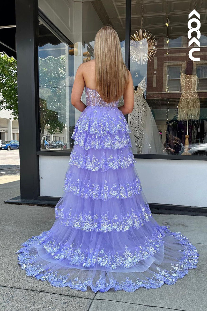 L2388 - Elegant One shoulder Sleeveless Applique Slit Formal Prom Dress