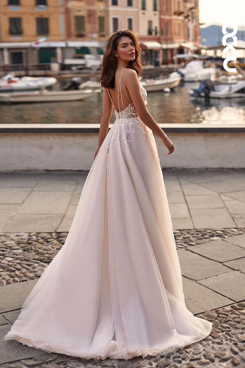 K1911 - Classic & Timeless Spaghetti Straps V-Neck A-Line Tulle Wedding Dress With Applique