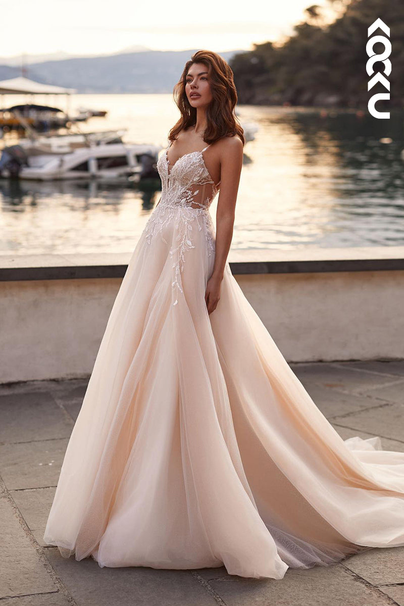 K1911 - Classic & Timeless Spaghetti Straps V-Neck A-Line Tulle Wedding Dress With Applique