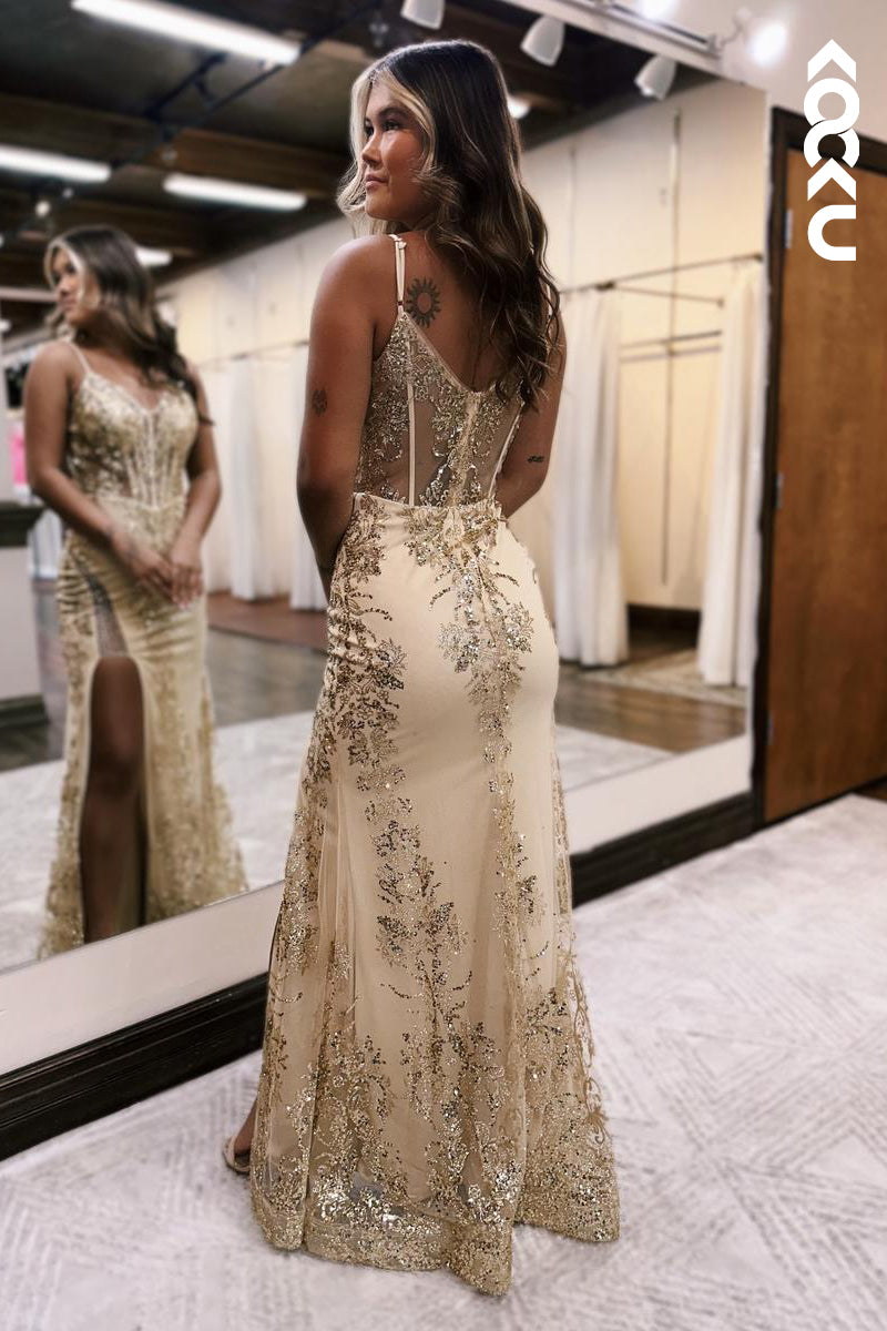 L2619 - Elegant & Luxurious Spaghetti Straps V-Neck Sheath Applique Party Prom Dress