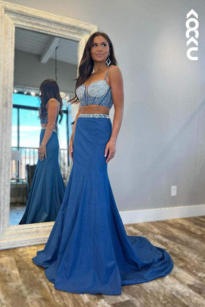 L2650 - Classic & Timeless Two Piece Spaghetti Straps Mermaid Beaded Backless Prom Dress
