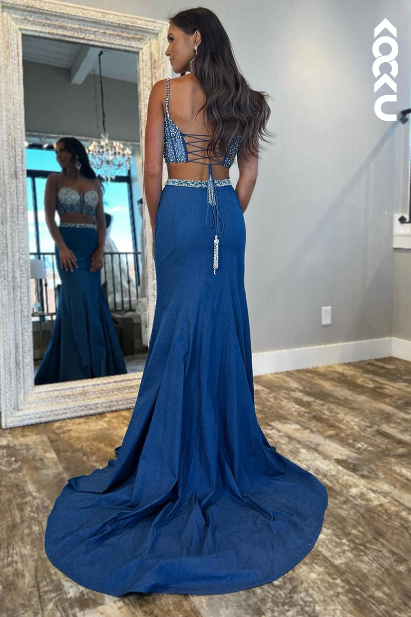 L2650 - Classic & Timeless Two Piece Spaghetti Straps Mermaid Beaded Backless Prom Dress