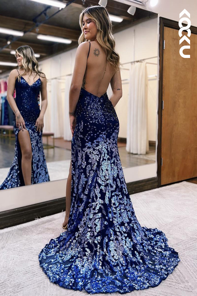 L2226 - Couture & Ornate Spaghetti Straps V-Neck Backless Sequins Mermaid Slit Prom Dress