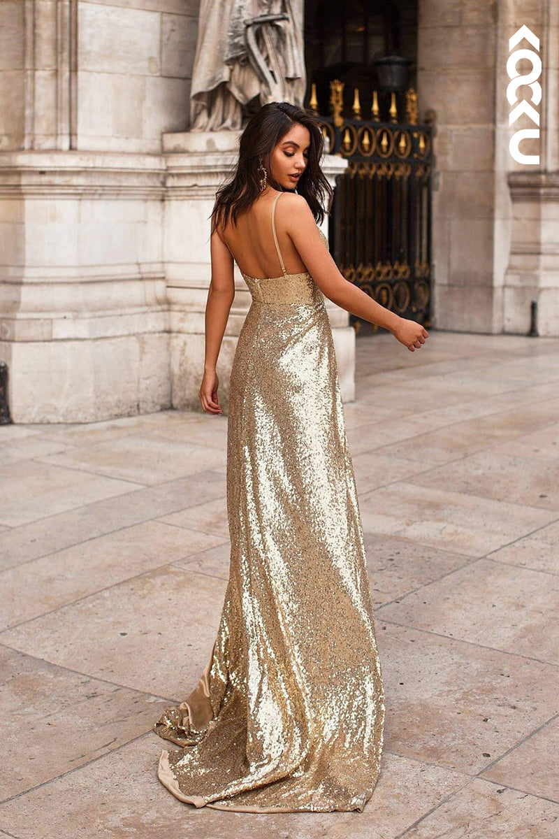 L2404 - Claasic & Sexy Spaghetti straps V-Neck Side Slit Sparkly Evening Party Prom Dress