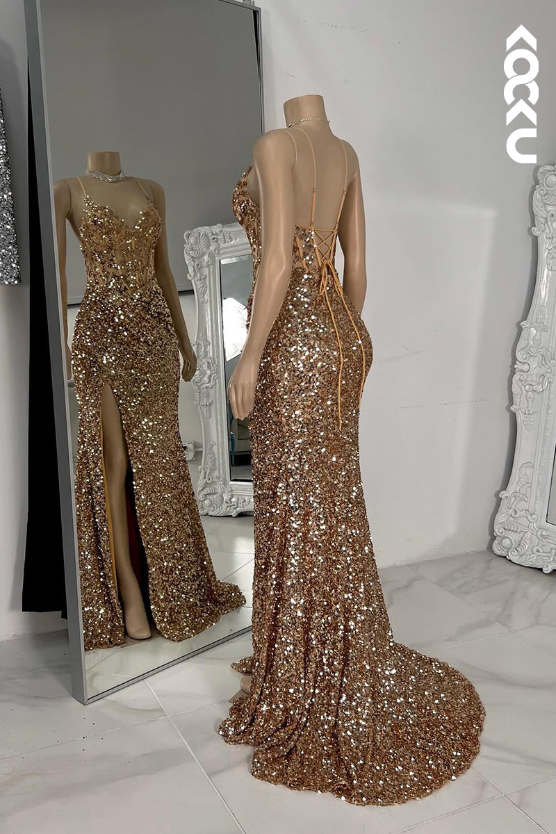L2799 - Gorgeous & Charming Spaghetti Straps V-Neck Backless Sequins Mermaid Prom Dress