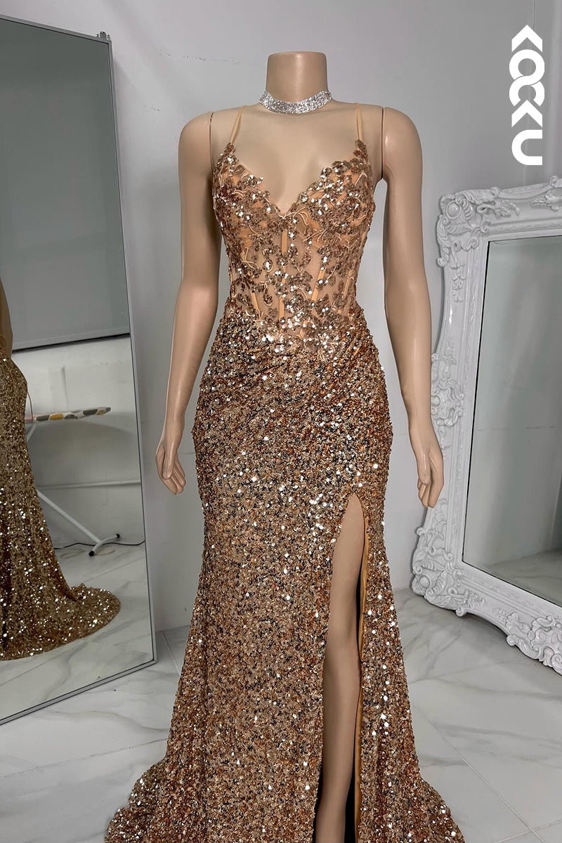 L2799 - Gorgeous & Charming Spaghetti Straps V-Neck Backless Sequins Mermaid Prom Dress