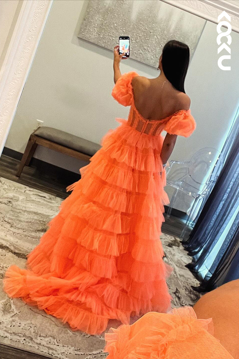 L2632 - Classic & Timeless A-line Off-Shoulder Cap Sleeves Slit Formal Prom Dress