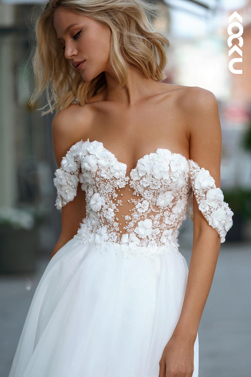 K2040 - Gorgeous & Charming Sweetheart Cap Sleeves A-line Applique Wedding Dress