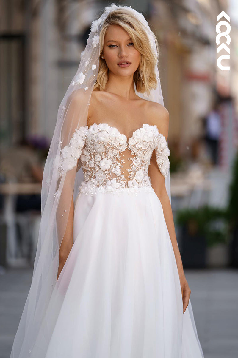 K2040 - Gorgeous & Charming Sweetheart Cap Sleeves A-line Applique Wedding Dress