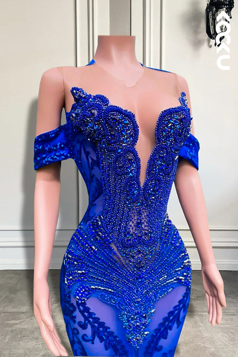 L2833 - Glamorous & Dramatic V-Neck Cap Sleeves Applique Mermaid Evening Party Prom Dress