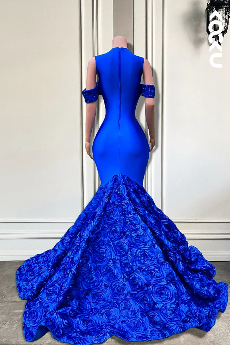L2833 - Glamorous & Dramatic V-Neck Cap Sleeves Applique Mermaid Evening Party Prom Dress