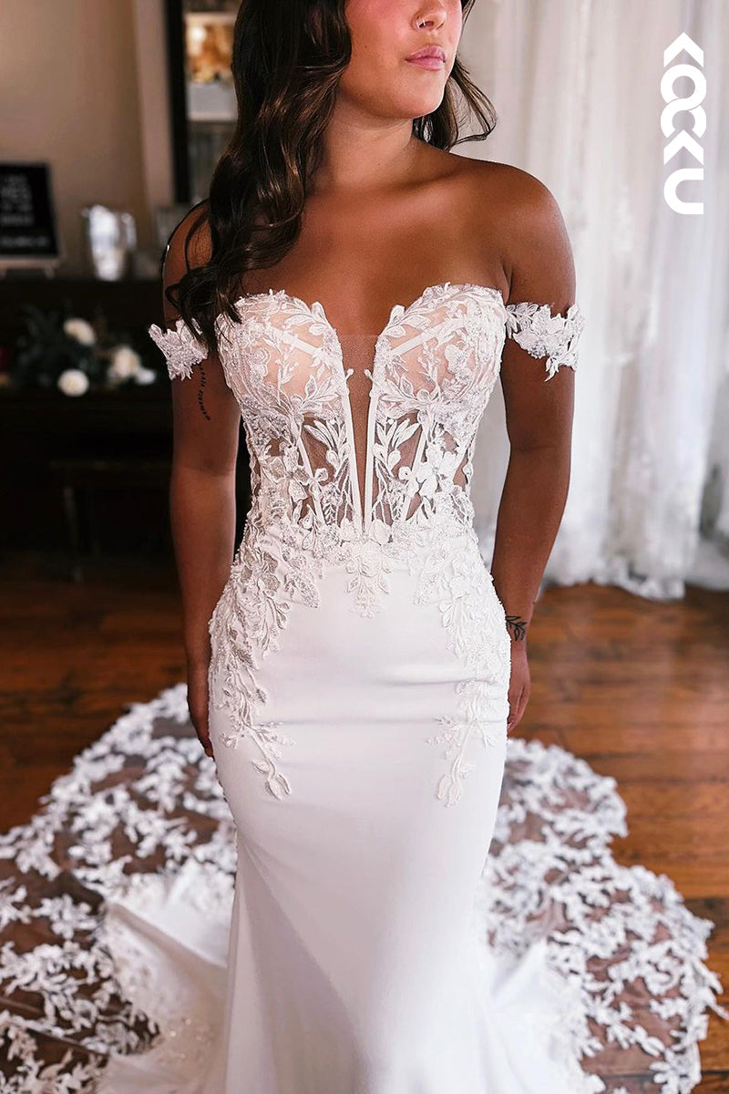K1955 - Gorgeous & Charming Off-Shoulder Cap Sleeves Mermaid Trumpet Lace Applique Wedding Dress
