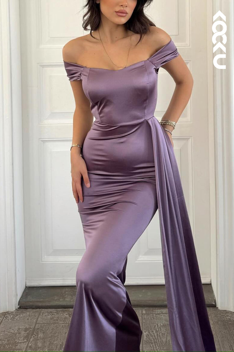 L3038 - Simple & Casual Off-Shoulder Sleeveless Sheath Holiday Party Prom Dress