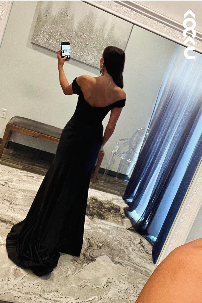 L2646 - Chic & Modern Off-Shoulder Cap Sleeves Sheath Side Slit Evening Party Prom Dress