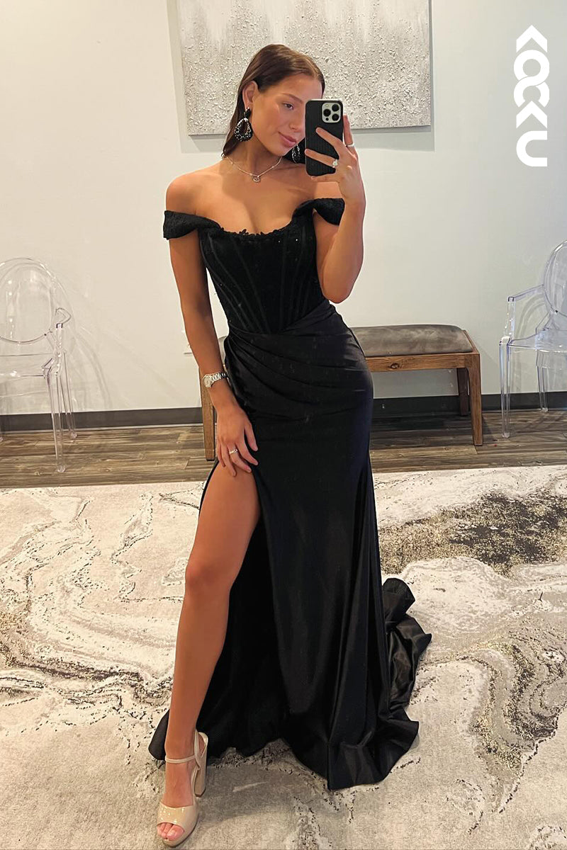 L2646 - Chic & Modern Off-Shoulder Cap Sleeves Sheath Side Slit Evening Party Prom Dress