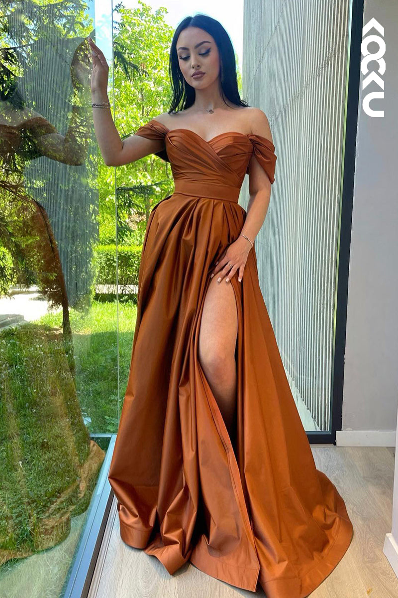 L2906 - Gorgeous & Charming Cap Sleeves Side Slit Off-Shoulder A-line Slit Formal Prom Dress