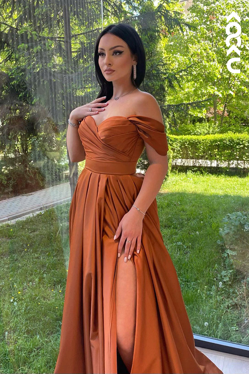 L2906 - Gorgeous & Charming Cap Sleeves Side Slit Off-Shoulder A-line Slit Formal Prom Dress