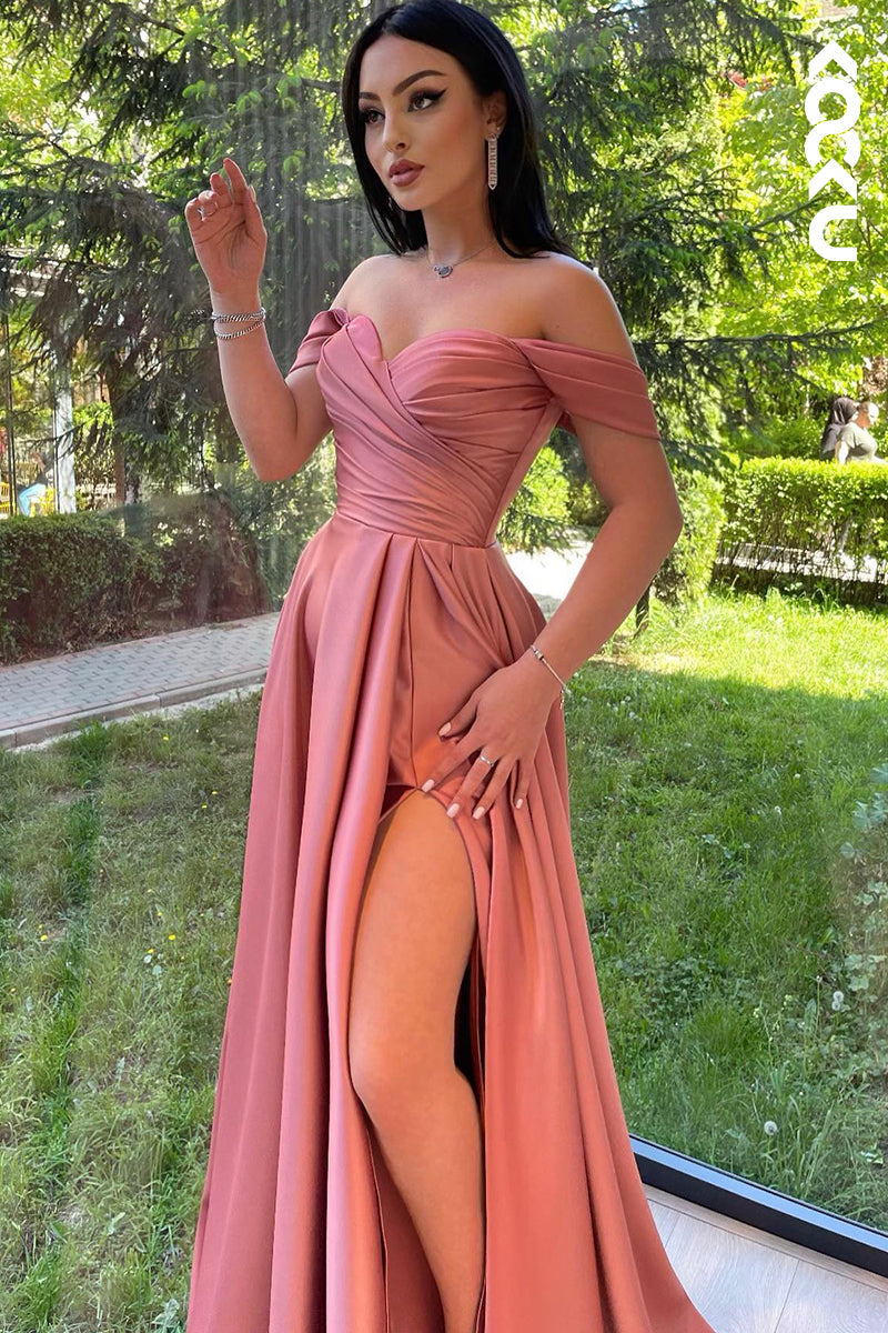 L2906 - Gorgeous & Charming Cap Sleeves Side Slit Off-Shoulder A-line Slit Formal Prom Dress