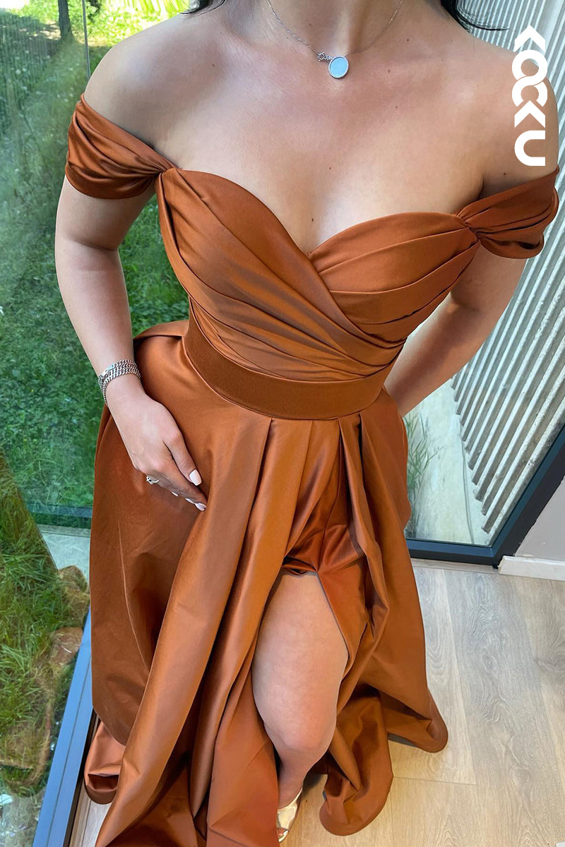 L2906 - Gorgeous & Charming Cap Sleeves Side Slit Off-Shoulder A-line Slit Formal Prom Dress