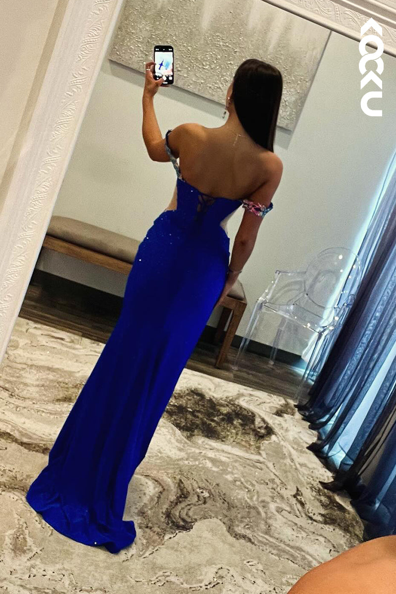 L2645 - Gorgeous & Charming Off-Shoulder Cap Sleeveless Sheath Fully Beaded Slit Prom Dress