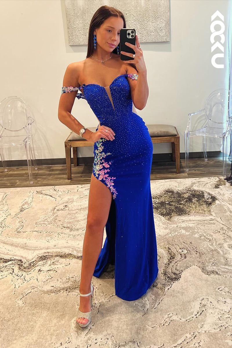 L2645 - Gorgeous & Charming Off-Shoulder Cap Sleeveless Sheath Fully Beaded Slit Prom Dress