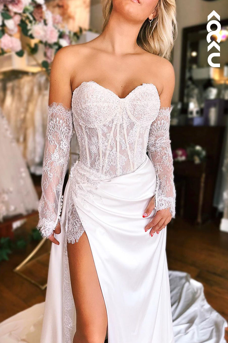 K1959 - Glamorous & Dramatic Sweetheat Half Sleeves Side Slit Lace Applique Wedding Dress