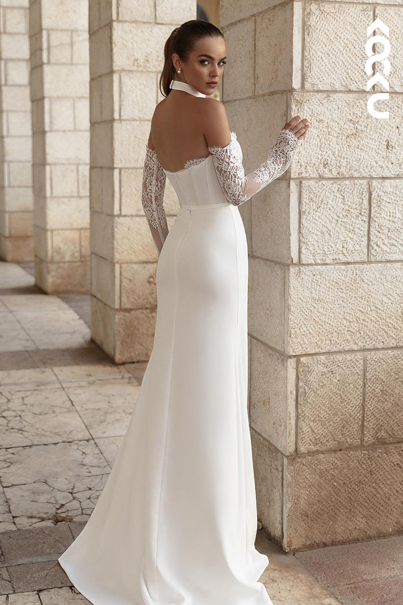 K2015 - Elegant & Luxurious Lace Applique Sleeves Off-Shoulder Sheath Wedding Dress