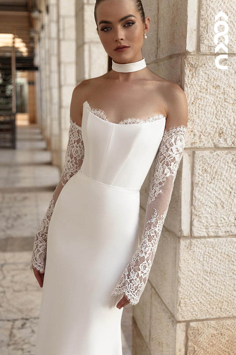 K2015 - Elegant & Luxurious Lace Applique Sleeves Off-Shoulder Sheath Wedding Dress