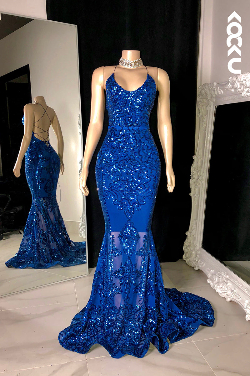 L2795 - Sexy & HotMermaid Halter V-Neck Sleeveless Slit Sequins Evening Prom Dress