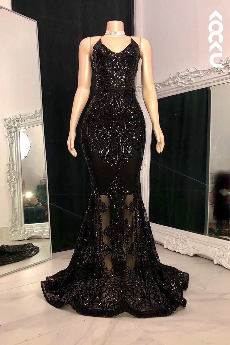 L2795 - Sexy & HotMermaid Halter V-Neck Sleeveless Slit Sequins Evening Prom Dress