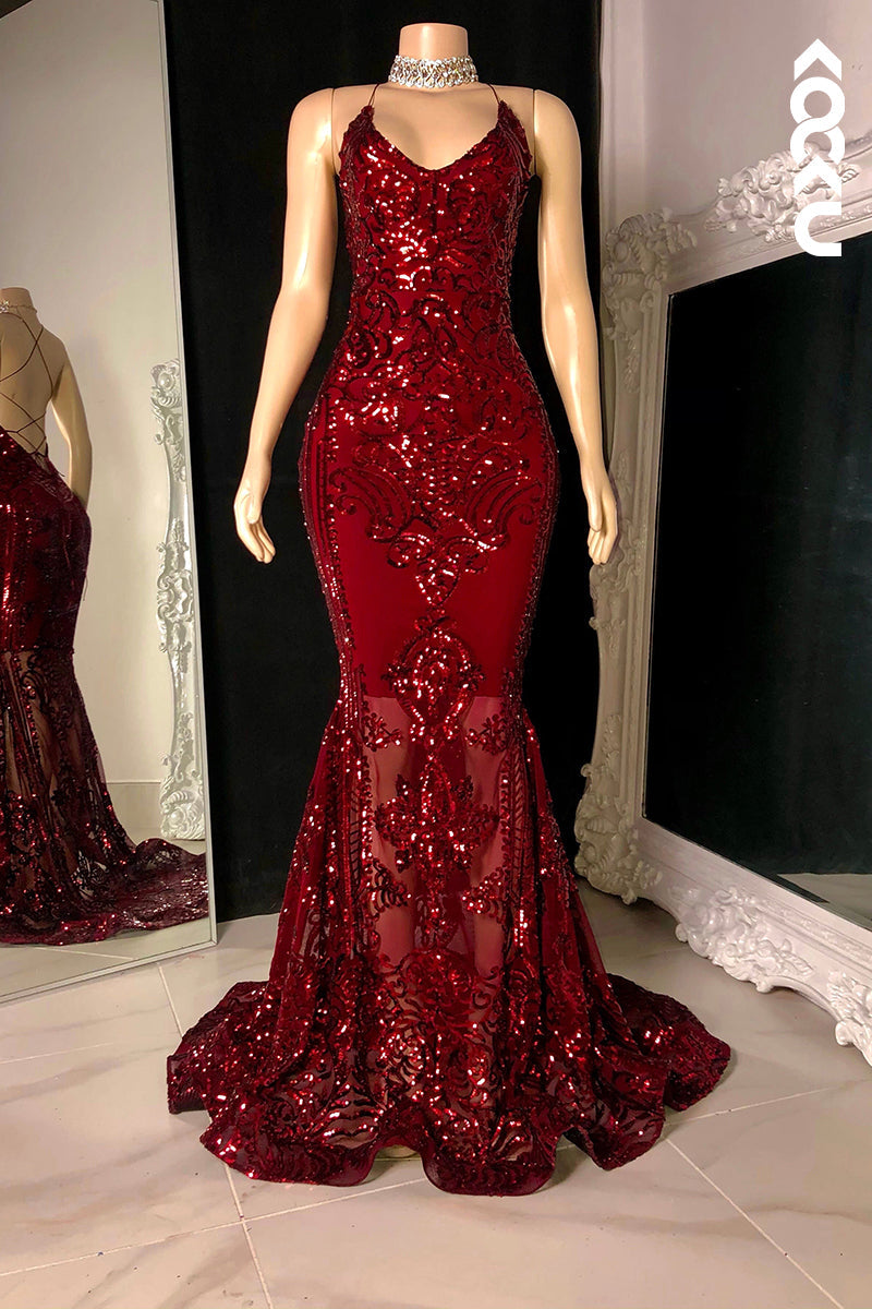 L2795 - Sexy & HotMermaid Halter V-Neck Sleeveless Slit Sequins Evening Prom Dress