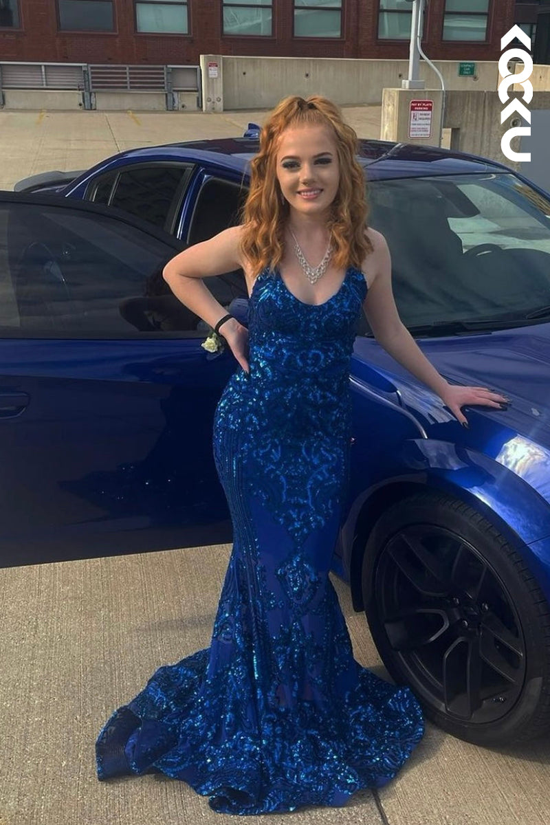 L2795 - Sexy & HotMermaid Halter V-Neck Sleeveless Slit Sequins Evening Prom Dress
