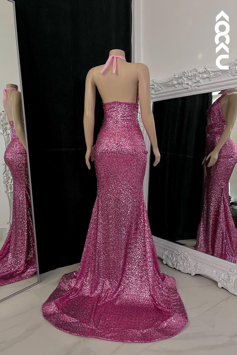 L2796 - Trumpet/Mermaid Sexy Halter Sleeveless Slit Sequins Backless Evening Prom Dress