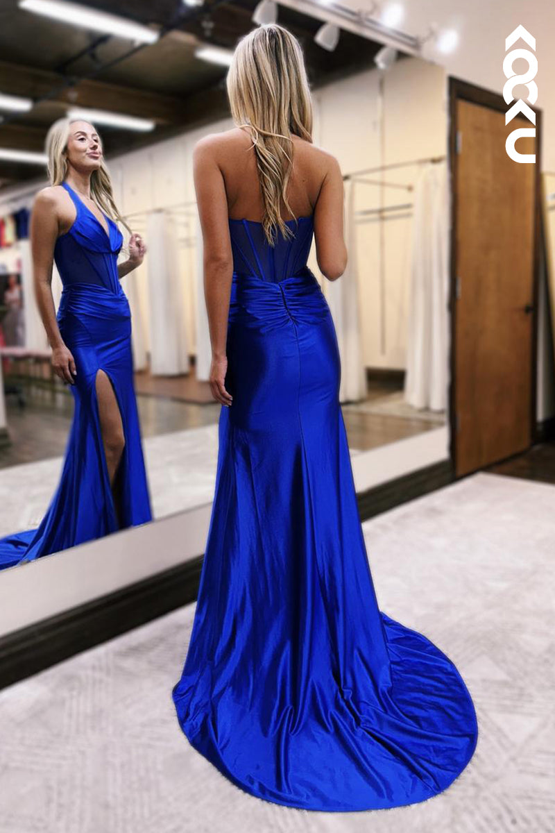 L2592 - Classic & Timeless Halter Sleeveless Side Slit Trumpet Evening Party Prom Dress
