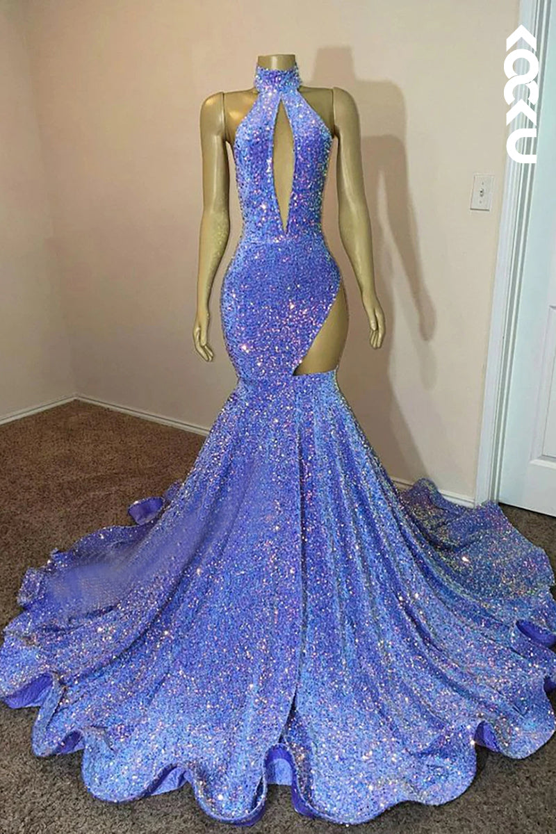 L2822 - Glamorous & Dramatic High Neck Sleeveless Ruffles Mermaid Sleeveless Prom Dress
