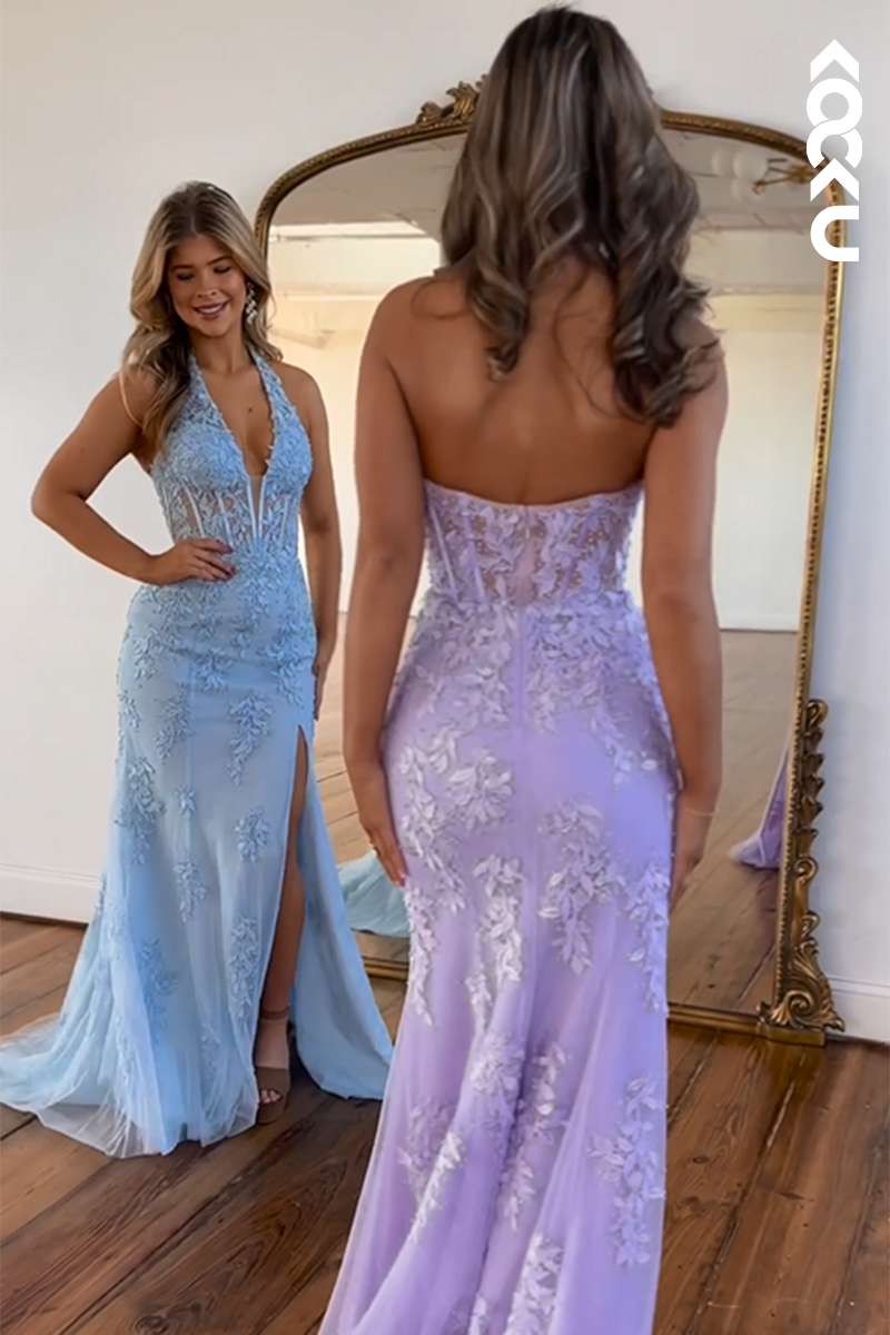 L2562 - Gorgeous & Charming Halter Sleeveless Deep V-Neck Side Slit Sheath Prom Dress