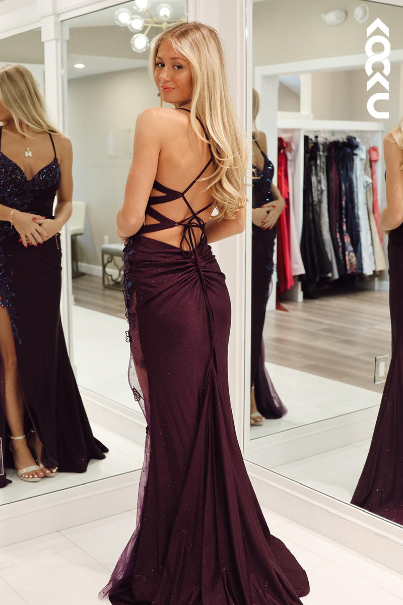 L2790 - Sexy & Hot Spaghetti Straps Criss-Cross Straps Side Slit Sheath Prom Dress With Applique