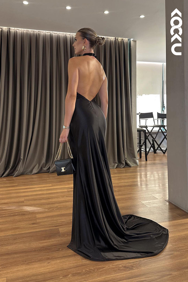 L2897 - Chic & Modern High Neck Bacless Sleeveless Side Slit Formal Evening Party Prom Dress