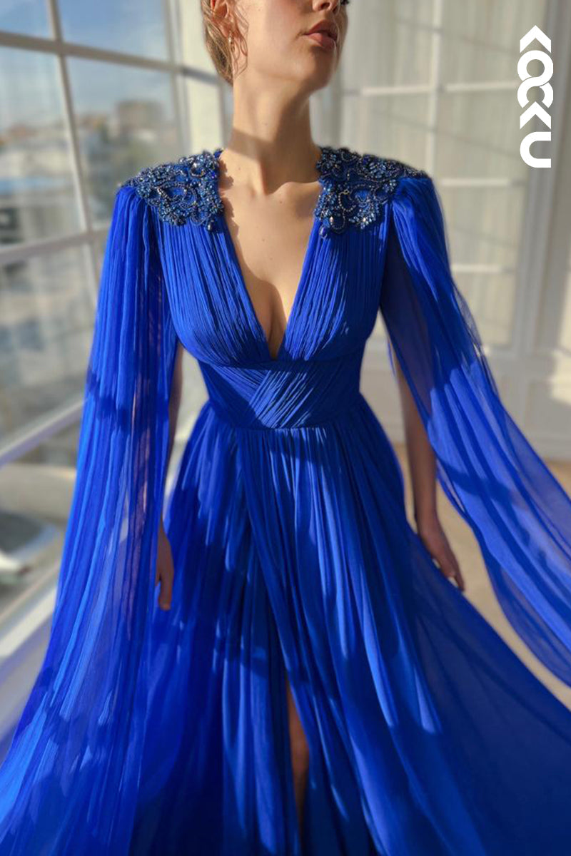 L2428 - Elegant & Luxurious V-neck A-line Ruched Side Slit Formal Prom Dress With Embroidered