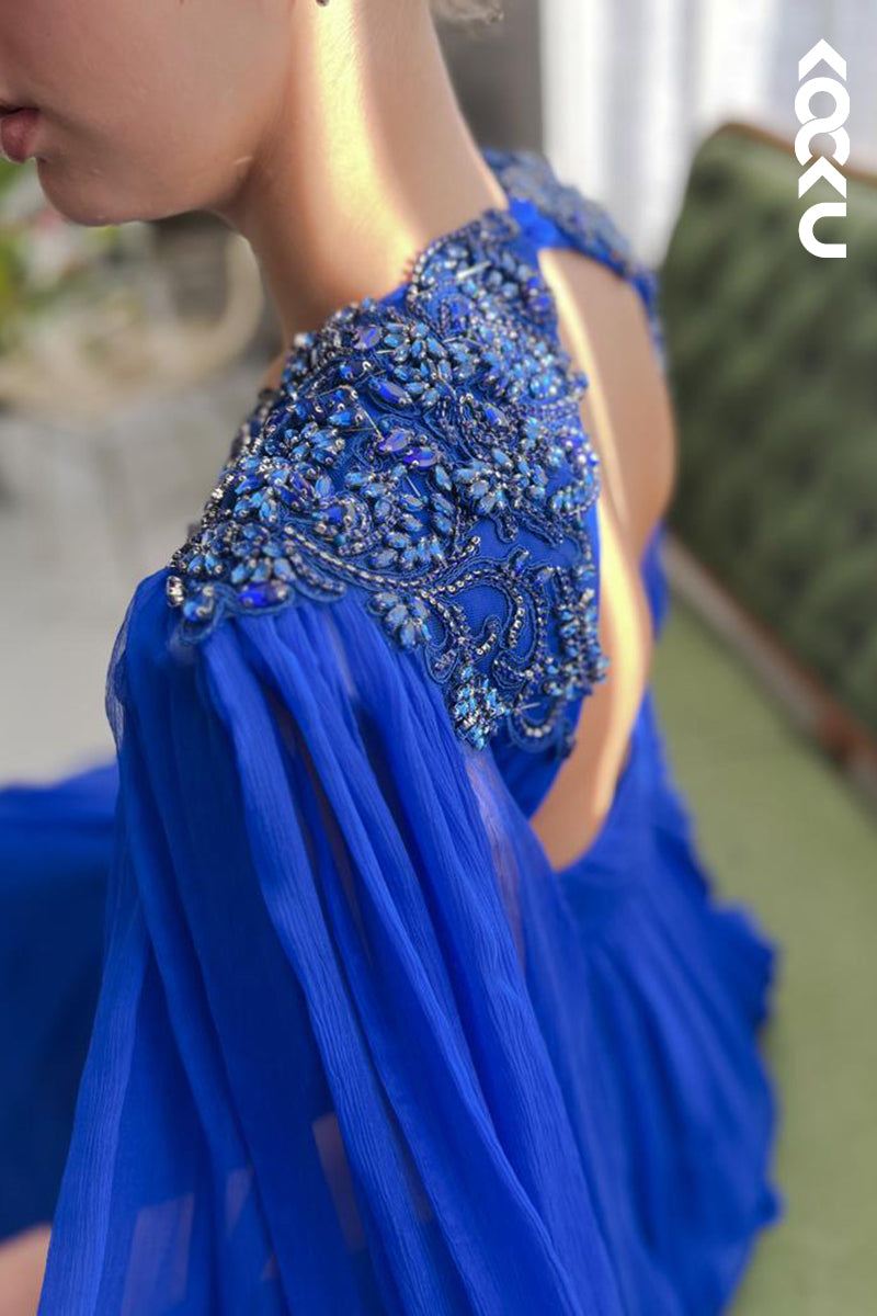 L2428 - Elegant & Luxurious V-neck A-line Ruched Side Slit Formal Prom Dress With Embroidered