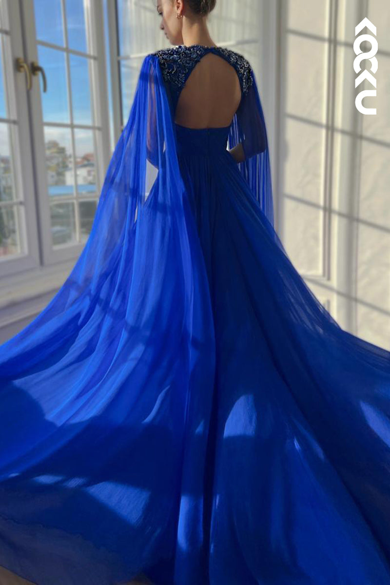 L2428 - Elegant & Luxurious V-neck A-line Ruched Side Slit Formal Prom Dress With Embroidered