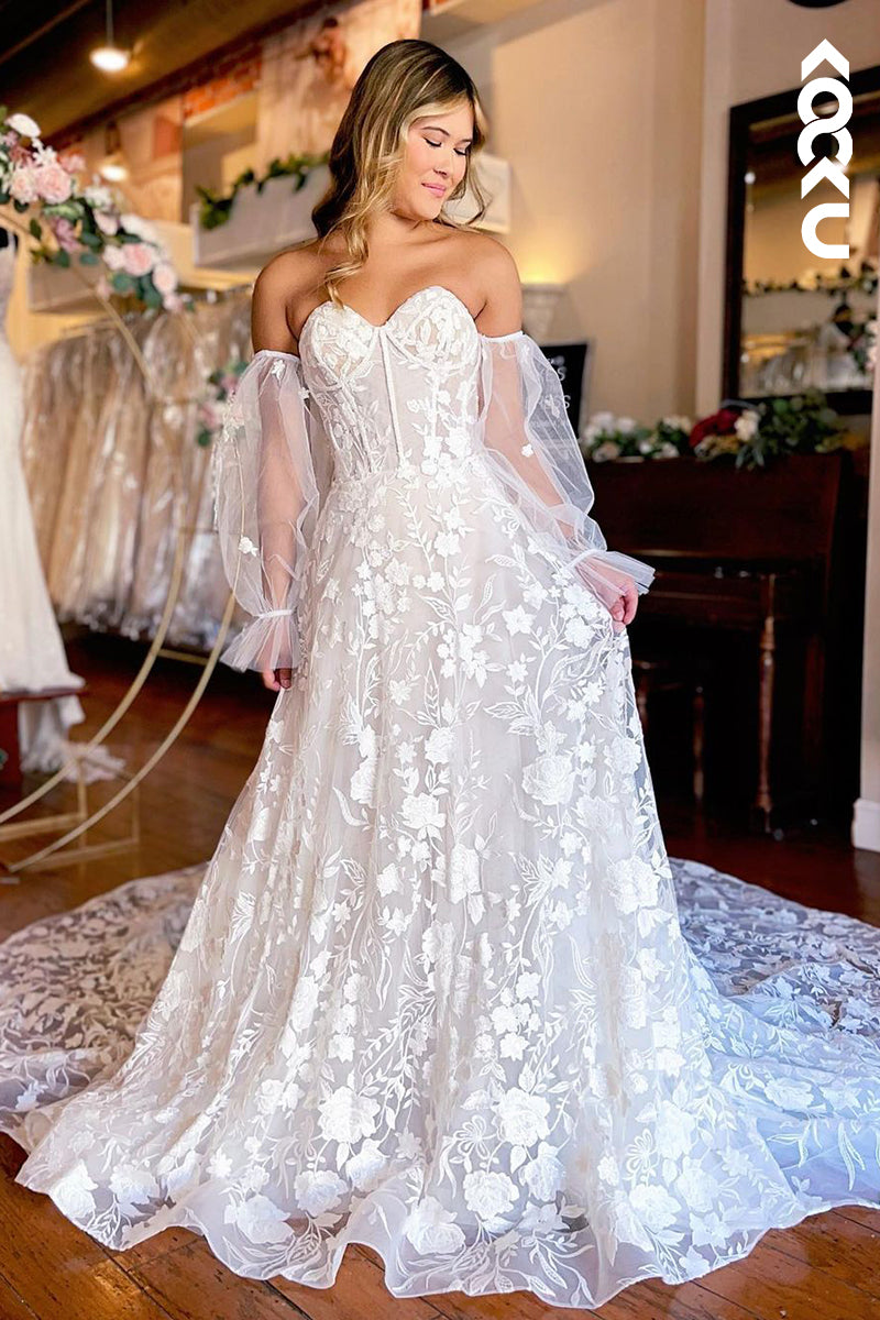 K1958 - Gorgeous & Charming Sweetheart A-line Fully Applique Puff Sleeves Wedding Dress