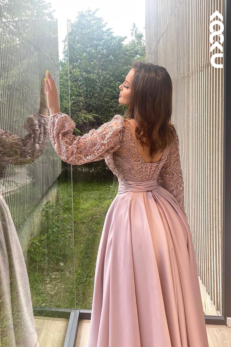 L2916 - Elegant & Luxurious Long Sleeves A-line Side Slit Applique Party Prom Dress