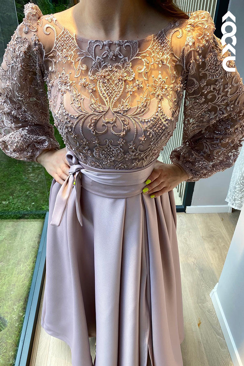 L2916 - Elegant & Luxurious Long Sleeves A-line Side Slit Applique Party Prom Dress