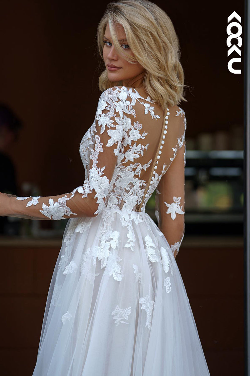 K2044 - Couture & Ornate Long Sleeves V-Neck A-line Tulle Applique Wedding Dress