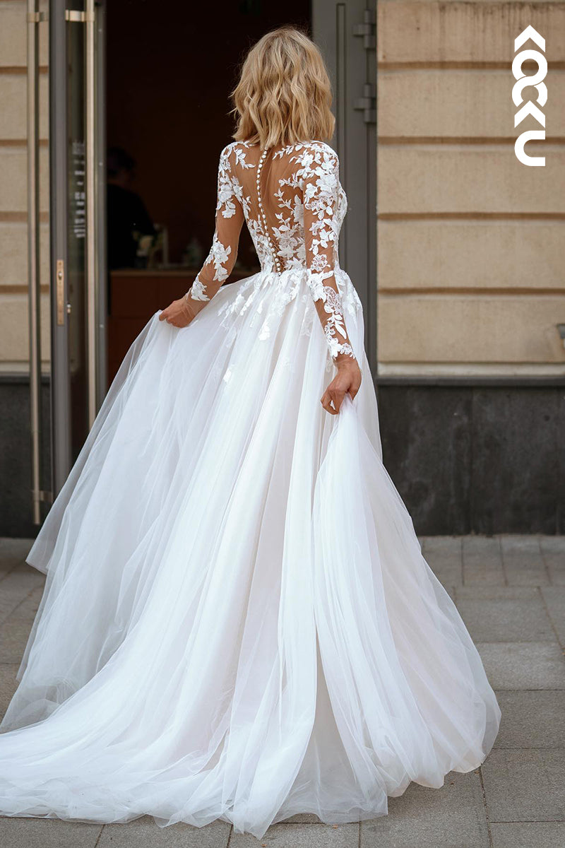 K2044 - Couture & Ornate Long Sleeves V-Neck A-line Tulle Applique Wedding Dress