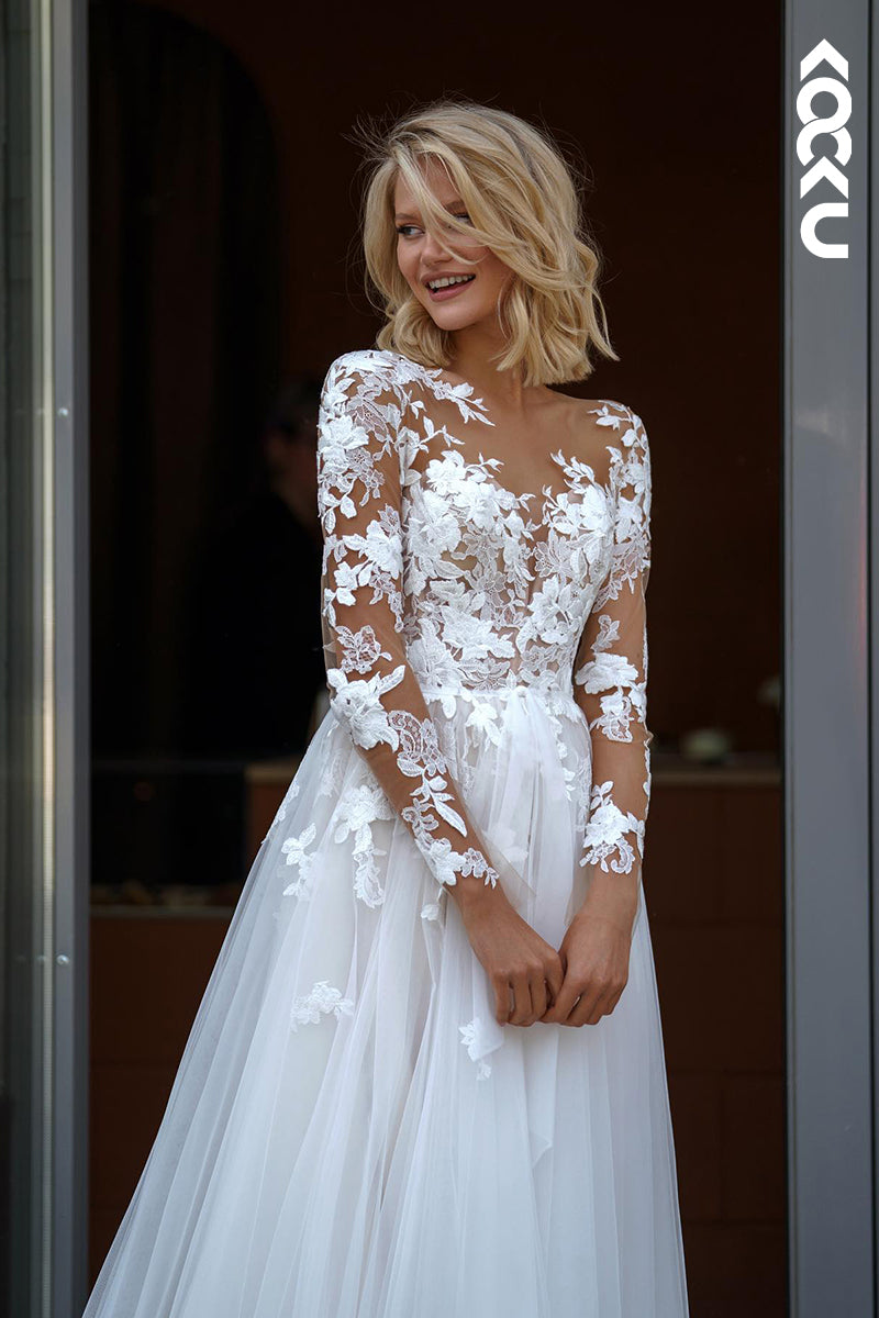 K2044 - Couture & Ornate Long Sleeves V-Neck A-line Tulle Applique Wedding Dress