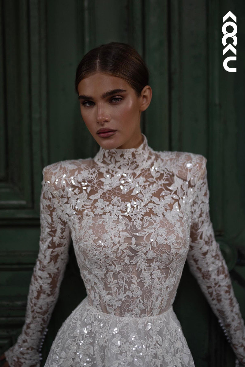 K2043 - Glamorous & Dramatic High Neck Long Sleeves A-line Applique Wedding Dress